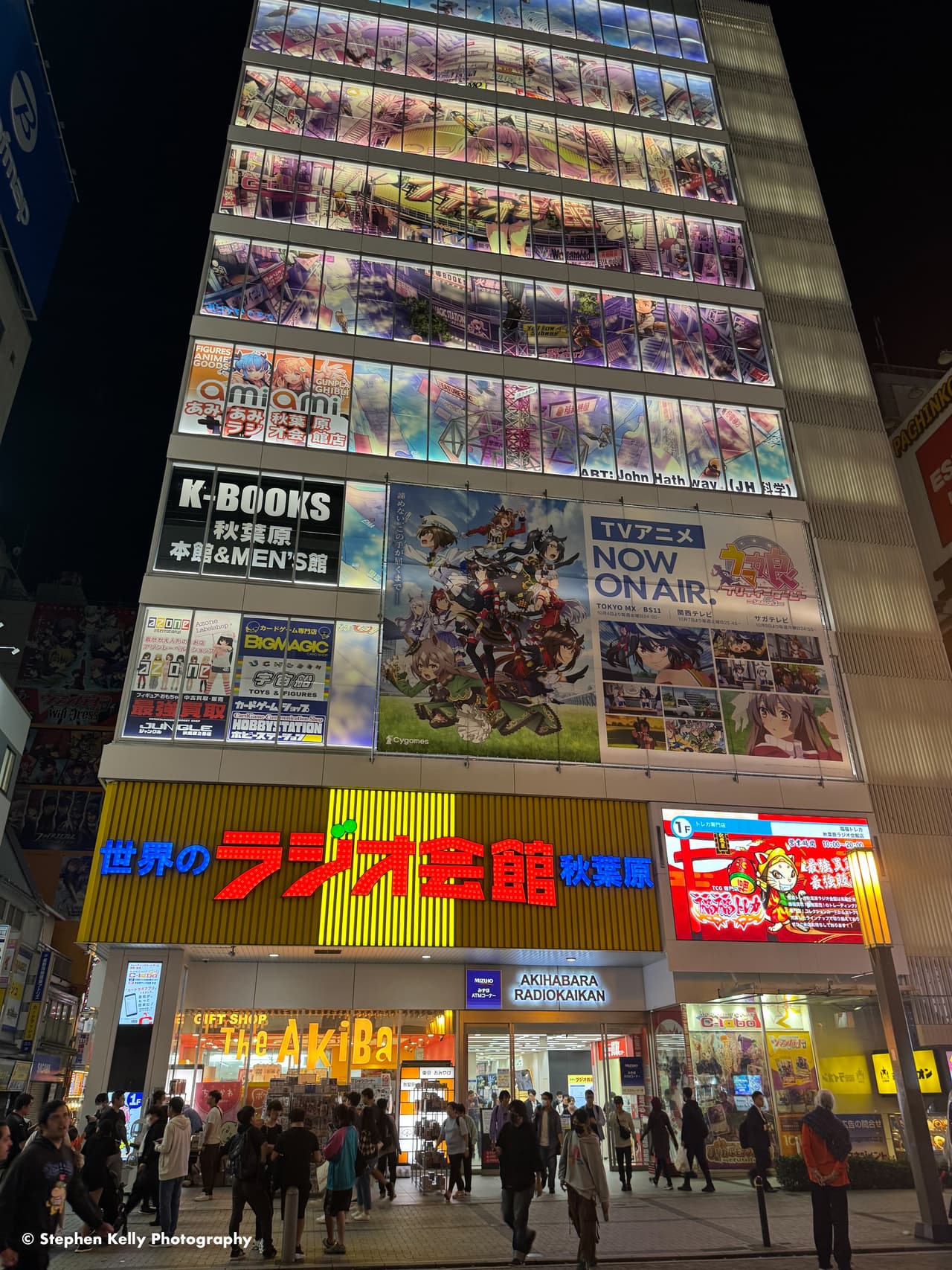 The Akihabara Radio Kaikan building lit up at night in Tokyo's Electric Town